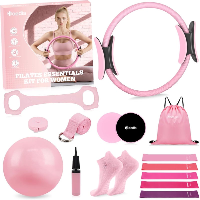 Hoedia 17 PCS Pilates Kit for Women, Pilates Equipment Ring and Ball Set with Resistance Bands, Yoga Strap, Core Sliders, Socks, Bag & Guide for Starter Home Workout Fitness Gym Essentials - Image 1